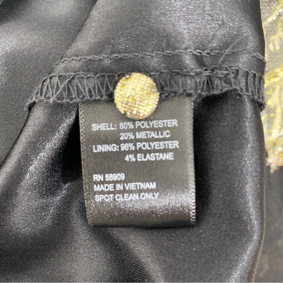 Alex Marie Black Gold Mock Neck Puff Sleeve Midi Dress Belted Pockets Cocktail - Picture 15 of 16